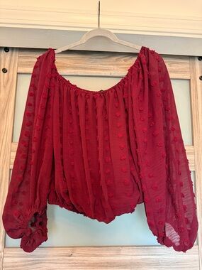 HYFVE Burgundy Sheer Textured Peasant Blouse